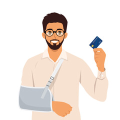 Injury problem concept. Bearded man with broken arm using credit card to cover emergency medical costs. Flat Vector Illustration Isolated on White Background