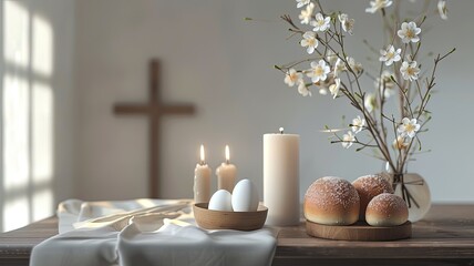 Fototapeta na wymiar the Easter holiday feeling with a scene featuring Easter buns, eggs, candles, and a cross, evoking warmth and tradition.