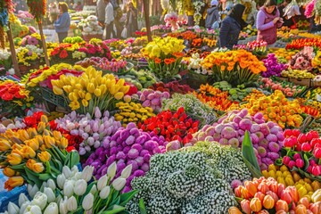 A colorful flower market with many different types of flowers