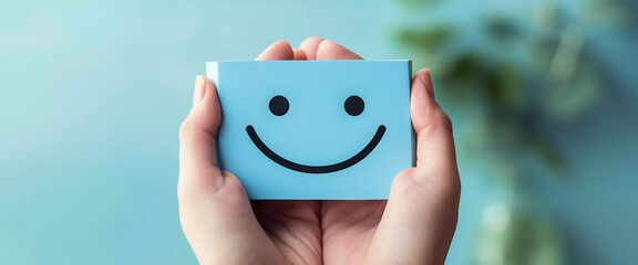 Holding a Smiley Face Card Against Blue