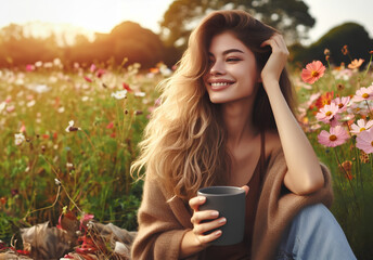 Young attractive woman drinking coffee in a blooming meadow field in spring. 