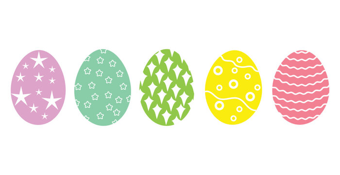 Simple vector illustration of five colorful flat design easter eggs with geometric pattern designs isolated on white background, eps10