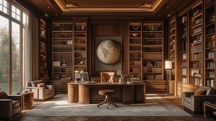 Sleek Geometric Bookshelves in a Sophisticated Study Setting, generative ai