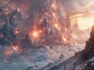 Amidst swirling CGI effects, digital warriors clash in a fantastical landscape A VFX artist meticulously fine-tunes the impact of each strike 3D Render, Backlights, - obrazy, fototapety, plakaty