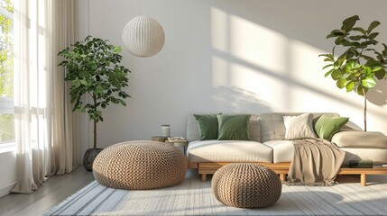 Bright living room featuring a cozy knitted pouf with a relaxed wooden sofa near houseplants on a white wall background. Scandinavian home interior