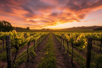 Naklejka premium A vineyard with a beautiful sunset in the background