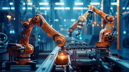 Orange precision robotic arms actively engaged on an industrial production line, illustrating cutting-edge manufacturing technology