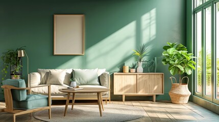 Cozy modern living space with green armchair near a white couch, wooden desk, and round coffee table over wooden floor on a green wall. Scandinavian modern house interior