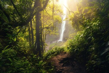 Fototapeta na wymiar A lush green jungle with a waterfall in the background