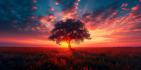 Solitary tree amidst vibrant flowers, bathed in golden sunset glow