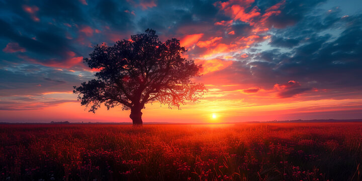 Solitary tree basks in sunset glow amidst vibrant flowers, against dramatic sky backdrop