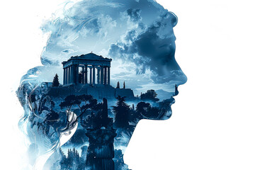 Classical Fusion: A Stunning Double Exposure of a Greek Goddess Statue and the Parthenon, Capturing the Essence of Ancient Heritage - obrazy, fototapety, plakaty