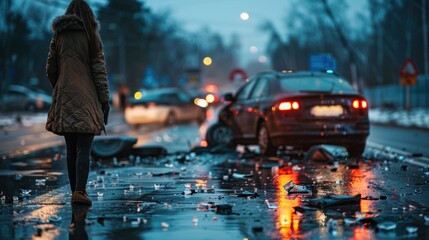 A lone individual walking past a crashed car on a rainy, reflective road during twilight - obrazy, fototapety, plakaty