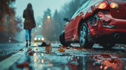 A somber scene captures a car's backend severely damaged in a crash on a wet street as a woman walks away in rain - obrazy, fototapety, plakaty