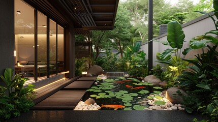 Peaceful koi pond embedded in the terrace of a luxurious house with a blend of nature tropic bush plant and architecture