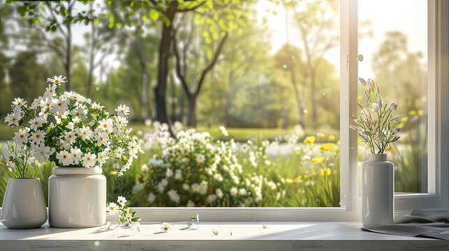 spring on the window sill, featuring a modern window with a view of a vibrant spring field in the yard, ensuring realistic photography in light colors.