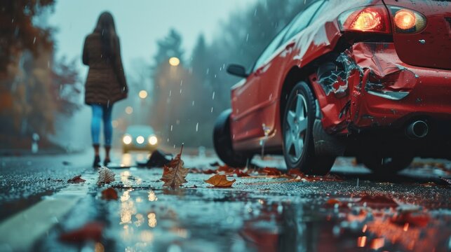 Fototapeta A somber scene captures a car's backend severely damaged in a crash on a wet street as a woman walks away in rain
