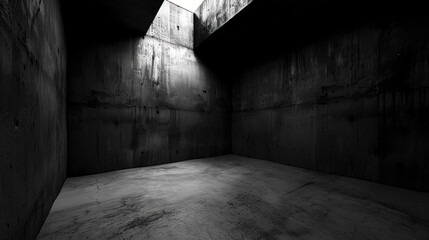 Fototapeta premium Abstract Geometry: Sunlight Filtering Through Window Creates Intriguing Shadows on Weathered Concrete Walls in Empty Room