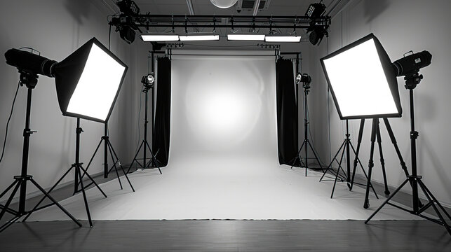 Captivating Monochrome Composition: Studio Lights and Umbrellas in Photography Studio