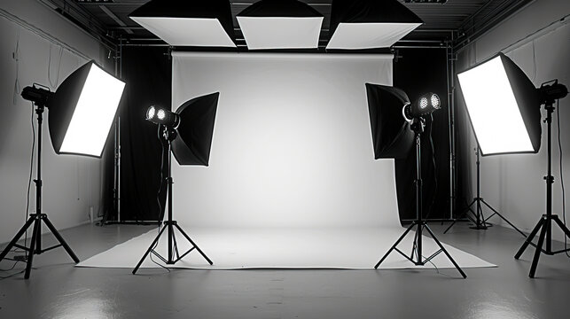 Creative Composition: A Stylish Monochrome Capture of Studio Lights and Umbrellas in a Photography Studio