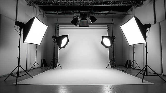 Creative Composition: A Stylish Monochrome Snapshot of Studio Lights and Umbrellas in a Photography Studio