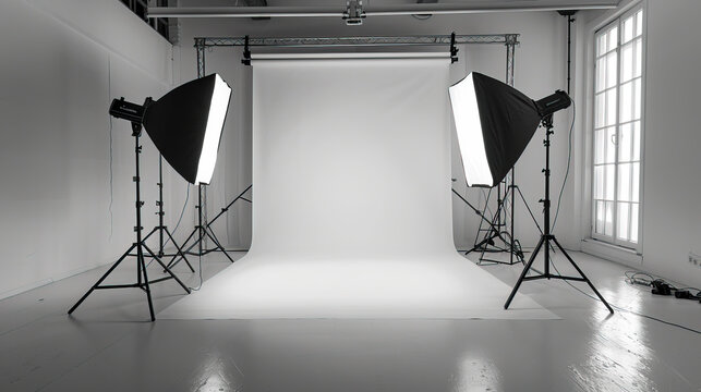 Captivating Composition: Studio Lights and Umbrellas in Monochrome Photography Studio