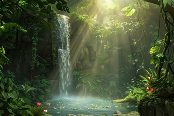 A lush green jungle with a waterfall and a pond
