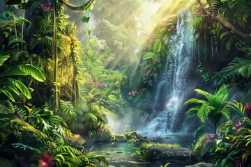 A lush jungle with a waterfall and a river