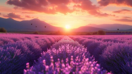 Serene Sunset Glow Over Lavender Field, generative ai - obrazy, fototapety, plakaty