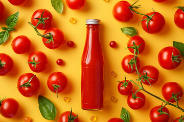 Tomato Sauce Bottle Surrounded by Fresh Tomatoes