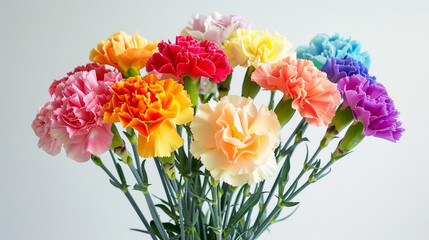  A gorgeous arrangement of carnations in a rainbow of colours, surrounded by pure white, exudes happiness and beauty