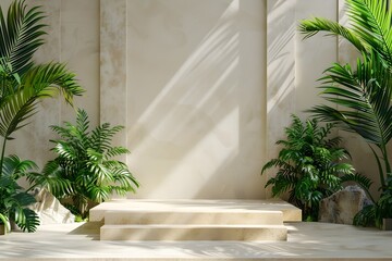 Pristine Concrete Podium with Lush Tropical Foliage - Minimalist Stage for Cosmetic Product Presentation
