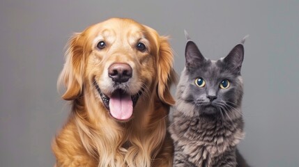 portrait of a cute dog and cat sitting on gray background in high resolution