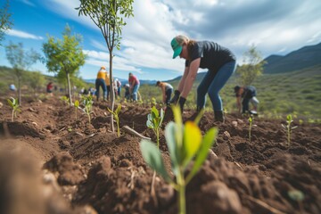 planting trees in deforested area, capturing the human contribution to reforestation and carbon offset for eco-friendly. Volunteers plant saplings in rich soil, hills under bright sky in background