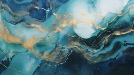 Fototapeta na wymiar Golden Swirls in Ocean Blue Abstract Background