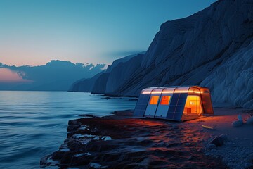 Modular habitat glows with warm light on a tranquil shore, chalky cliffs loom in twilight. Compact...