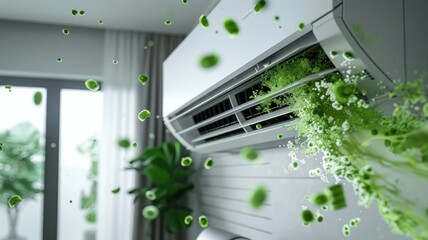 green bacteria falling out of the air conditioner in a living room, highlighting the importance of cleanliness and maintenance.