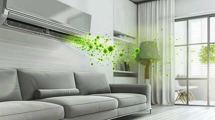 green bacteria falling out of the air conditioner in a living room, highlighting the importance of cleanliness and maintenance.