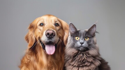 portrait of a cute dog and cat sitting on gray background in high resolution and high quality. animals concept
