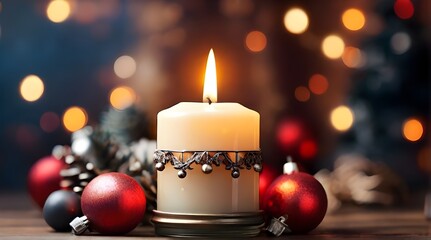 Christmas candle and decorations. Bokeh background. Generative AI