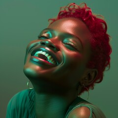 A captivating portrait capturing the youthful beauty of a 20-year-old African model with stunning red hair. The soft backdrop, luminous filter effect, and cinematic clarity enhance the image's allure