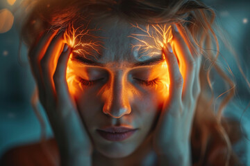 Woman with headache suffering migraine with pain holding her head with her hands, highlighted irradiation - obrazy, fototapety, plakaty