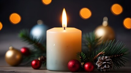 Christmas candle and decorations. Bokeh background. Generative AI