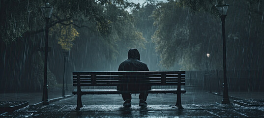 An image of depression showing a woman sitting on an abandoned bench in a rainy park - obrazy, fototapety, plakaty