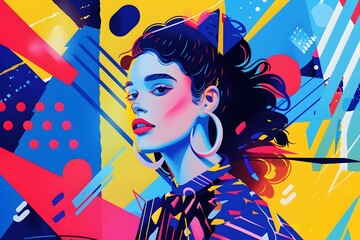 Vibrant Pop Art of a Confident Woman Embodying Memphis Style and 80s Streetwear