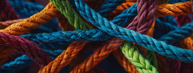 Artistic depiction of a team's interconnectedness, portrayed through a network of strong ropes intertwining to support each other, with a colorful background. - obrazy, fototapety, plakaty