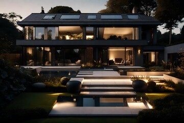 modern house in night with pool