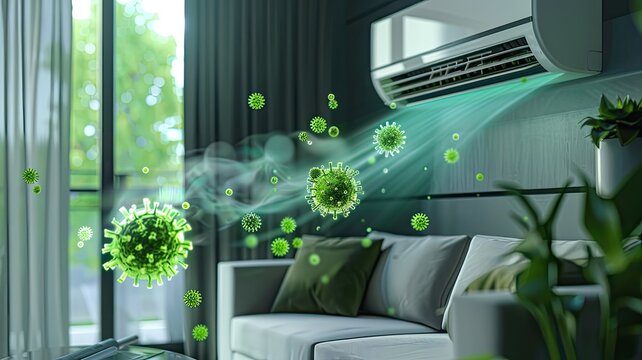 green bacteria falling out of the air conditioner in a living room, highlighting the importance of cleanliness and maintenance.