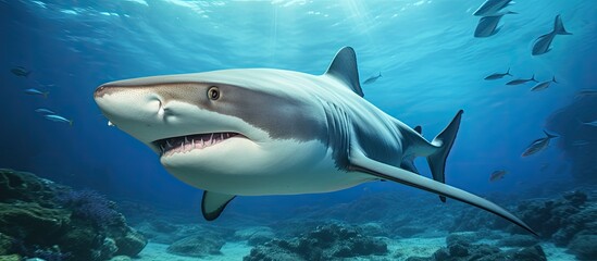 Fototapeta premium An Electric blue Lamnidae shark is gracefully swimming underwater near a coral reef, with its fin cutting through the fluid ocean water