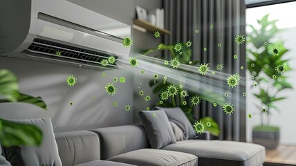 green bacteria falling out of the air conditioner in a living room, highlighting the importance of cleanliness and maintenance.